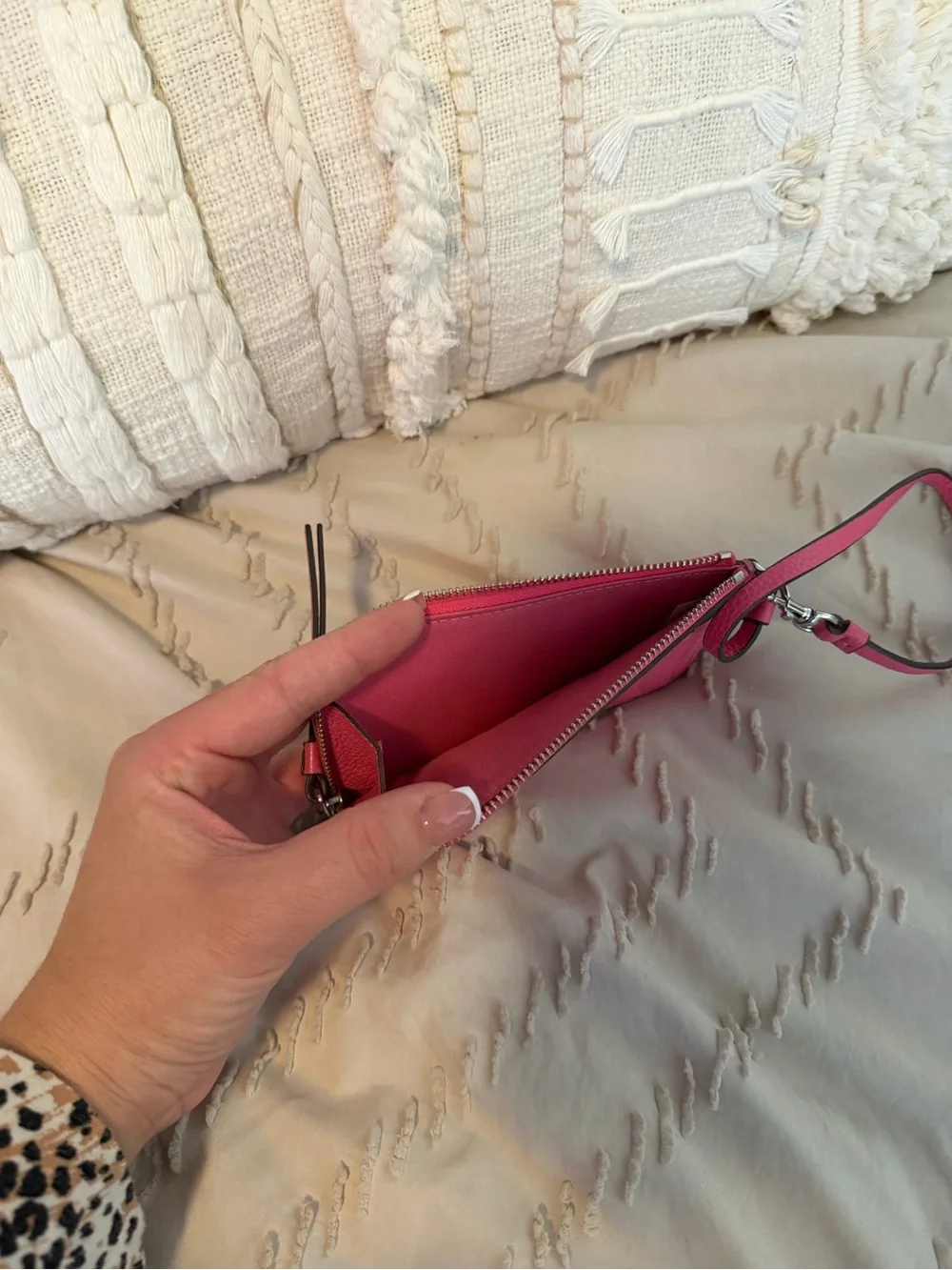 Tory Burch Hot Pink Pebbled Leather Wristlet with Logo